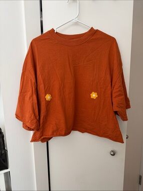 Port and Company Rust Orange Cropped Tee with Yellow Daisy Embroidery